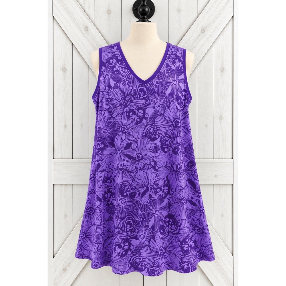 Dreams & Co Nightgown 1X Purple Floral V-Neck Sleeveless Pockets Plus Size 1x